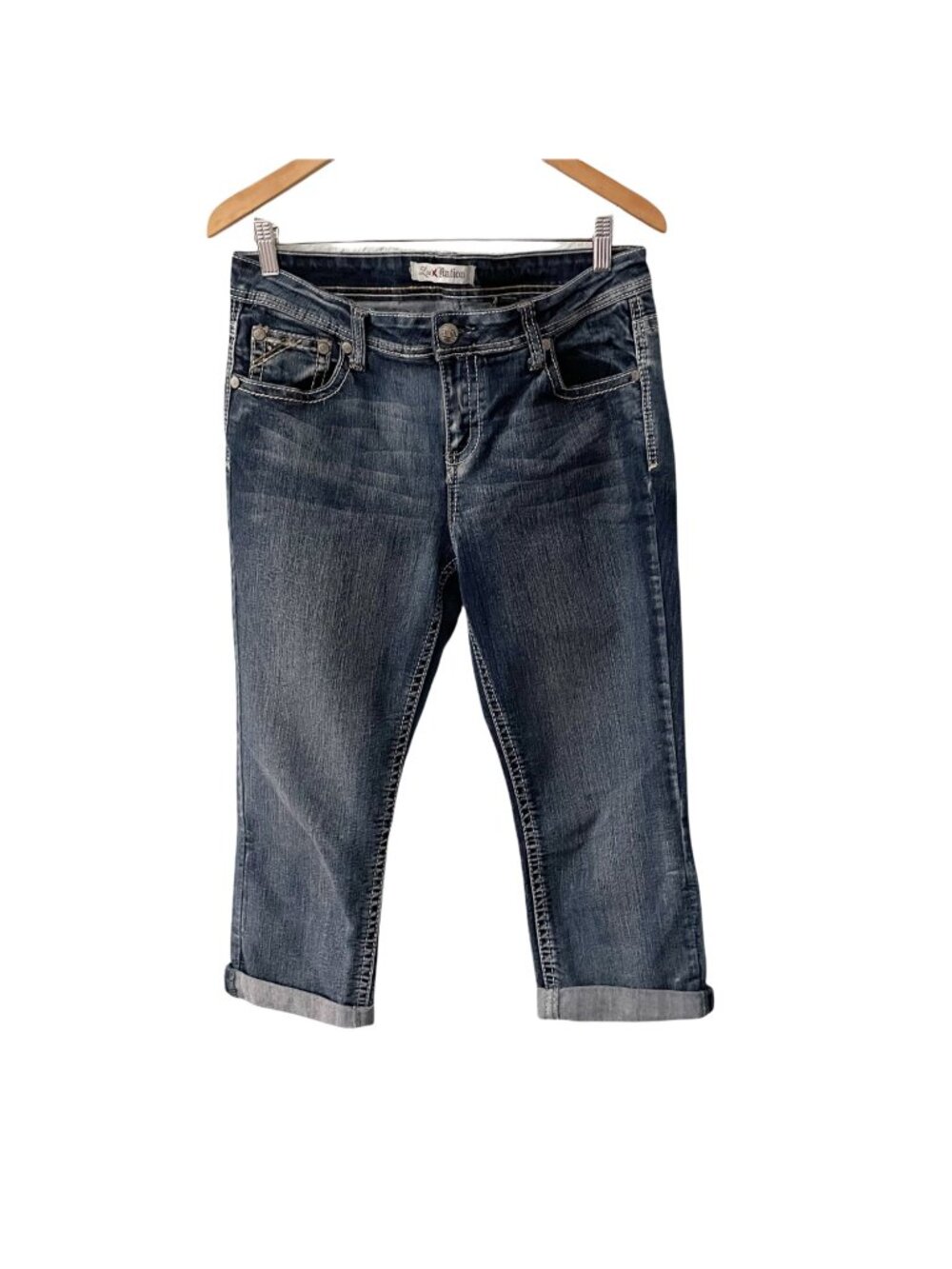 Love Nation Cropped Blue Jeans Womens 12 Mid Rise Contrast Stitching Embellished